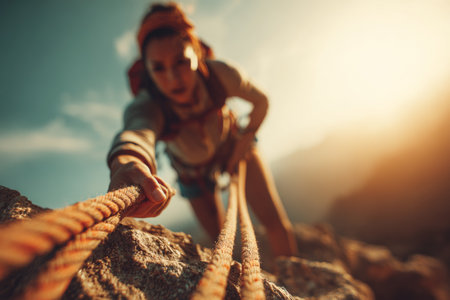A woman in climbing attire ascends a rocky mountain, focused on her ascent. Ropes are taut as she grips them firmly against the warm sunlight, showcasing determination.の素材