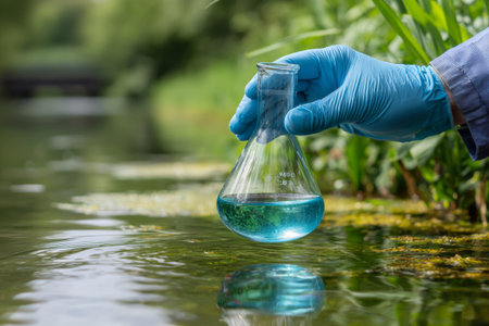 An employee gently touches the waters surface while collecting soil samples with a glass flask. The scene captures the serene reflection of the golf course in the pond.の素材