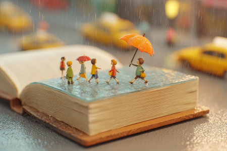 Children in colorful raincoats walk with bright umbrellas on a rainy summer day. The scene captures city life with yellow taxis in the background. A whimsical school book style adds charm.の素材