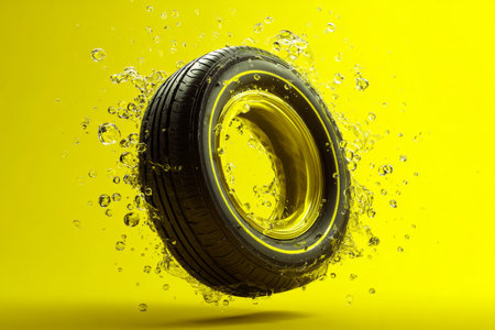 Bright yellow background highlights a tire surrounded by dynamic water droplets, showing vivid colors and sharp contrasts. This creates an eye-catching commercial poster effect.の素材