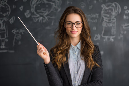 An attractive female teacher with long brown hair and glasses engages students in a classroom.の素材