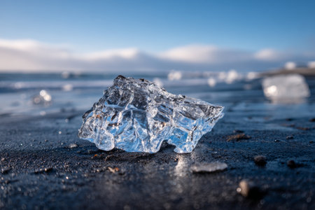 Bright ice pieces glisten on the black sand beach in Iceland, reflecting morning light. The scene showcases the contrast between the clear ice and dark sand, revealing natures beauty.の素材