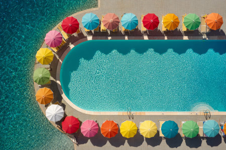 Bright umbrellas are arranged around the edge of a sparkling in-ground pool at a beach club hotel. The scene captures a vibrant atmosphere on a sunny day, ideal for relaxation.の素材