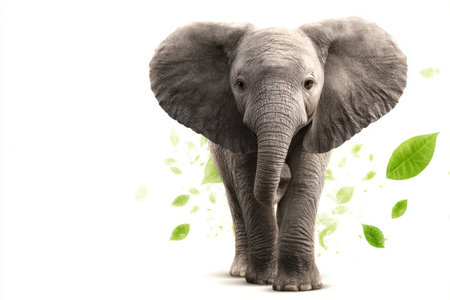This vibrant 5D illustration presents an African elephant in a playful school book style.の素材