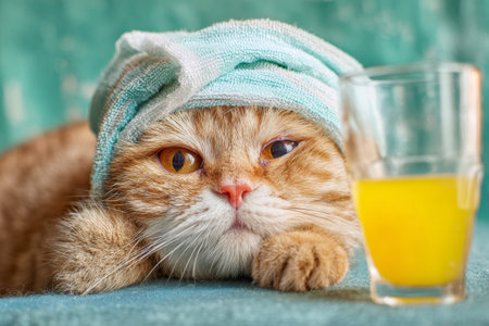 A tired cat rests its head while wearing a towel around its head. Beside it sits a glass filled with bright yellow juice, suggesting a humorous morning recovery routine.の素材
