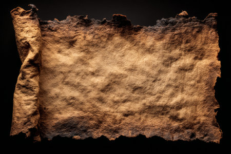 An aged piece of paper with burnt edges lies isolated against a dark backdrop. The parchment exhibits weathered textures and intricate patterns that evoke a sense of history.の素材