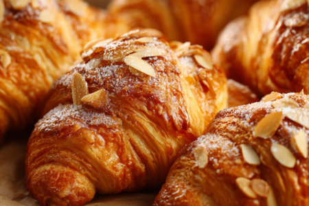 Close-up of flaky croissants showing golden-brown layers, dusted with sugar and topped with almond slices, highlighting the delicious texture of these pastries.の素材