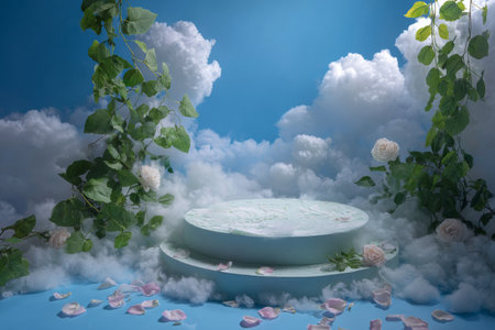 A dreamy scene features a central podium enveloped by fluffy clouds and vibrant roses, perfect for showcasing products or accessories in a captivating atmosphere.の素材