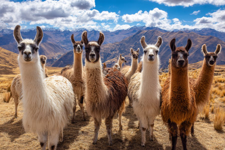 A group of adorable llamas stands together in an open field in the Andes mountains. These animals showcase their unique fur colors against a backdrop of majestic peaks.の素材