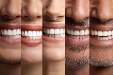 Various people display bright smiles with white teeth, reflecting happiness and confidence in a dental care environment focused on promoting good oral hygiene.の素材