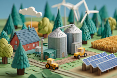 This artwork depicts a colorful plantation scene featuring silos, trees, solar panels, drones buzzing above, and tractors working the fields in a detailed papercut style.の素材