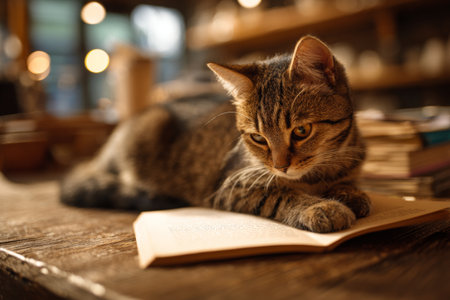 In a cozy coffee shop, a cat lounges on a wooden table, intently reading a book. Warm light filters through the room, creating a relaxed atmosphere. Bookshelves surround the feline.の素材