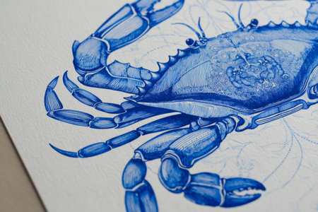 Stylized illustrations of crabs demonstrate high-quality hand-drawn techniques in blue ink. The minimalistic design emphasizes details, textures, and forms, perfect for art exhibitions.の素材