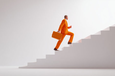 A little man wearing a bright orange business suit ascends a set of stairs, holding a briefcase. This 3D scene showcases a modern and vibrant atmosphere, highlighting ambition and progress.の素材