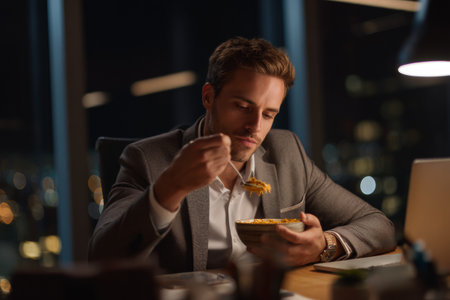 An executive sits at his desk, savoring a warm bowl of soup while working late. The soft glow of city lights fills the background, creating a cozy atmosphere.の素材