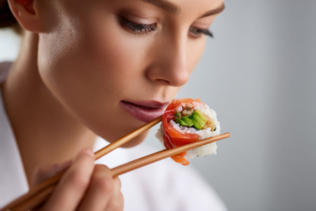 A woman in a sleek setting savors a sushi roll held delicately with wooden chopsticks. Her focused expression reflects the rich flavors of fresh seafood and vegetables.の素材