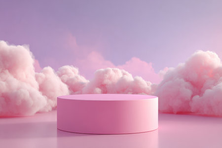A pink podium rests gently in the clouds, surrounded by a soft pink and purple backdrop. The calming light creates a serene atmosphere, perfect for showingcasing products or messages.の素材
