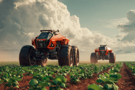 Two advanced robots cultivate a vast farmland under a bright sky filled with clouds. The machines navigate rows of crops, performing agricultural tasks efficiently and effectively.の素材