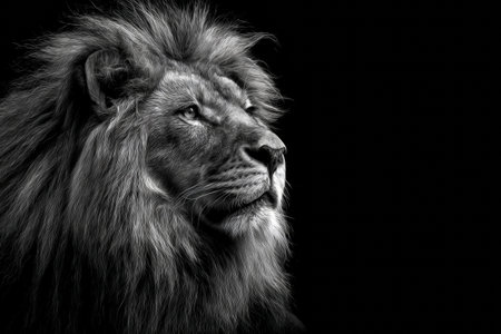 A striking close-up of a lions head in black and white contrasting with a dark background. The powerful lion gazes forward, showcasing its majestic features and mane, positioned near a car.の素材