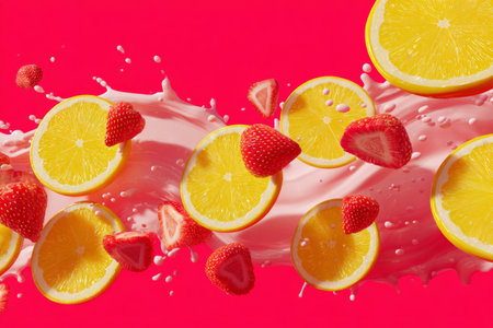 Lemon slices and strawberries spiral dynamically in a splash of milk against a solid background, showing lively colors and high contrast. This energetic scene captivates the viewer.の素材