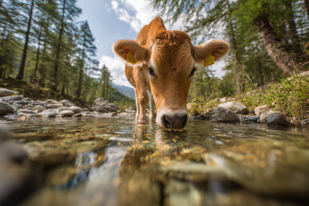 A cow healthy drinks cool water from a clear stream surrounded by lush greenery. The sunlight creates a beautiful reflection in the water, showing natures tranquility.の素材