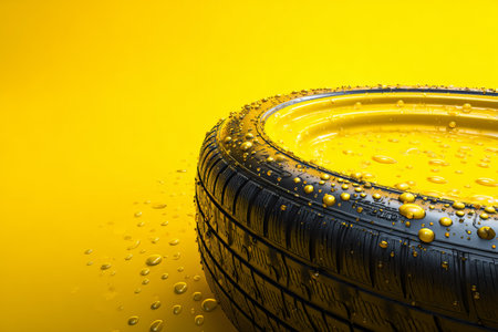 A car tire is prominently displayed on a vibrant yellow background, glistening with water droplets. This high-contrast composition highlights depth and vivid colors.の素材