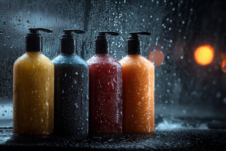 Four colorful bottles of car soap sit in a dark car wash setting. Wet foam surrounds the bottles, emphasizing their vibrant colors amid the clean environment.の素材