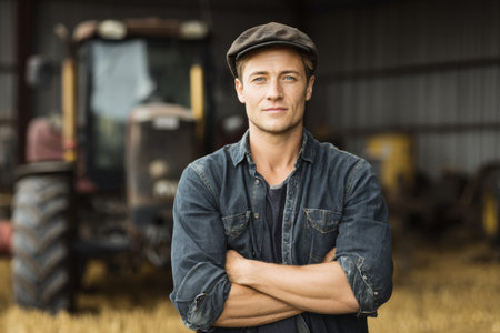 A young tractor driver stands tall with arms crossed, wearing a shirt and cap. In the background, a tractor and golden fields highlight his role in agriculture.の素材