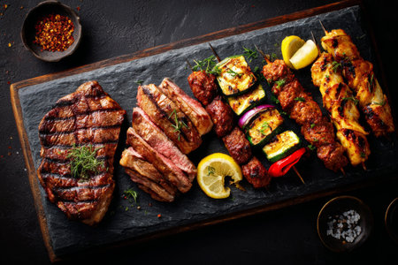 A top-down view showcases a beautiful array of grilled beef steak, lamb chops, chicken skewers, and pljeskavica accompanied by colorful grilled vegetables and garnished with herbs and lemon.の素材