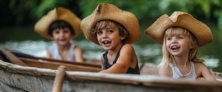 Three children wearing straw hats joyfully play pirates in a wooden rowboat on a sunny summer day. Laughter and adventure fill the air as they enjoy their playful expedition.の素材