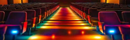 An empty cinema aisle features glowing floor lights that create a vibrant atmosphere. Rows of seats line each side, enhancing the inviting yet quiet setting of the theater.の素材