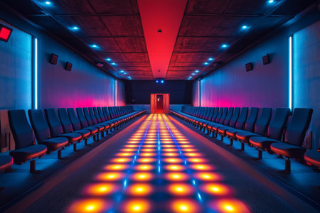 An empty cinema aisle showcases glowing floor lights that create a vibrant atmosphere. Rows of seats stretch out, highlighting the modern design and ambiance of the space.の素材