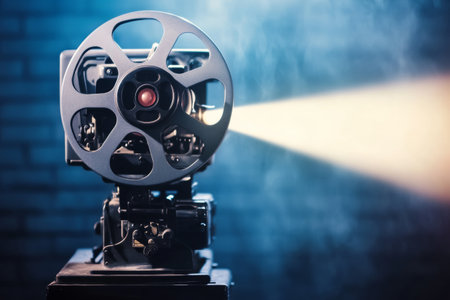 A vintage movie projector stands in a dark room, emitting a warm beam of light that cuts through the air. It symbolizes the art of storytelling and the magic of cinema.の素材