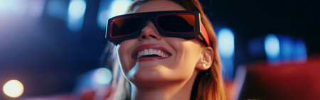 A joyful woman wearing 3D glasses shares her excitement while immersed in a film experience. The vibrant atmosphere enhances her smile, showcasing the thrill of cinema.の素材