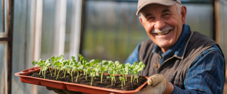 An elderly man brightens the sunny greenhouse, proudly showing off a tray filled with young vegetable seedlings. His smile reflects joy in gardening and nurturing growth.の素材