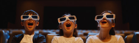 A family seated in a cinema hall wearing 3D glasses experiences surprise and laughter. Their joyful reactions fill the space as they enjoy the film together in high-resolution.の素材