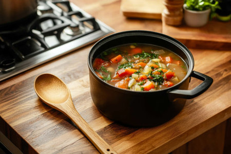 A black pot filled with colorful vegetable soup sits on a wooden kitchen counter. Next to it is a wooden spoon, ready for stirring. Fresh ingredients enhance the inviting atmosphere.の素材