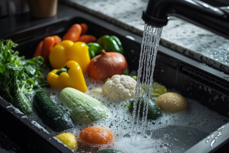 A variety of colorful vegetables, including peppers, carrots, and lettuce, are actively being washed under running water in a kitchen sink, reflecting a vibrant kitchen environment.の素材