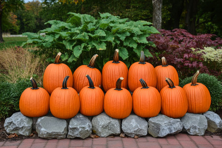 Rows of bright orange pumpkins are arranged neatly on stone. Lush greenery and colorful foliage surround them, reflecting the essence of autumn in a tranquil countryside setting.の素材