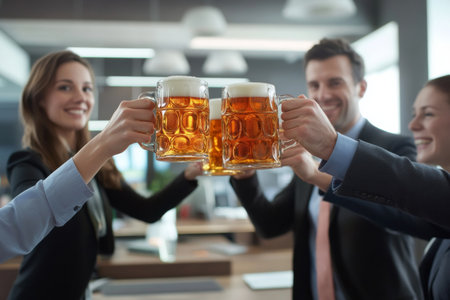 A group of joyful coworkers raises their beer mugs in a toast, celebrating their teamwork and recent achievements in a stylish office space filled with natural light.の素材