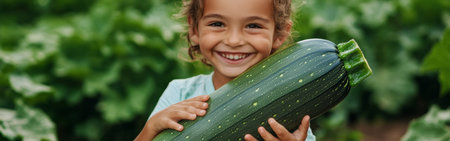 In a vibrant garden, a child beams with excitement while clutching a large zucchini. The playful moment captures the joy of gardening and fresh vegetables on a sunny day.の素材