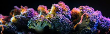 Fresh broccoli head is displayed with fine details and rich textures under professional studio lighting, highlighting its vibrant green hue and unique shape, perfect for culinary inspiration.の素材