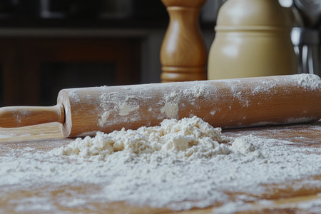 Close-up reveals a wooden rolling pin resting on a flour-dusted kitchen table, highlighting the preparation space for baking delicious treats and homemade meals.の素材
