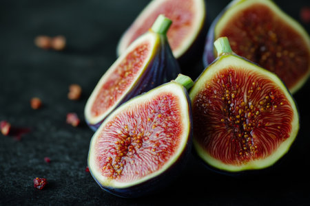 Ripe figs are sliced in half, revealing their vibrant red interior. The dark background and moody lighting highlight the natural beauty of this delicious fruit, creating an inviting atmosphere.の素材