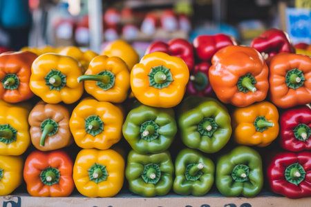 Brightly colored bell peppers in various hues are arranged neatly in a market stall. This display showcases the freshness of produce available for shoppers.の素材