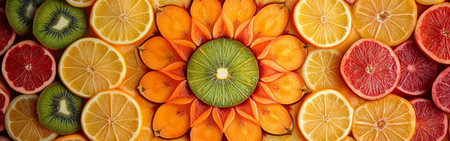 Vibrant fruit slices are artistically arranged to create a stunning mandala pattern. Various citrus fruits and kiwi are displayed, showing vivid colors and detailed designs.の素材