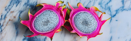 Exotic dragon fruit is displayed cut in half, showing its vibrant pink outer skin and unique speckled white flesh, resting on a sleek surface with soft lighting highlighting its marble colors.の素材