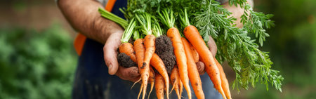 A farmer proudly holds a bunch of freshly harvested carrots, showing their vibrant color and earthy soil on the roots. This close-up captures the dedication of farming.の素材