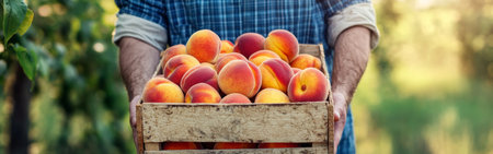A farmer stands in a lush environment, proudly displaying a wooden crate filled with ripe, juicy peaches. The sun casts a warm glow, highlighting the fruits' vibrant colors.の素材