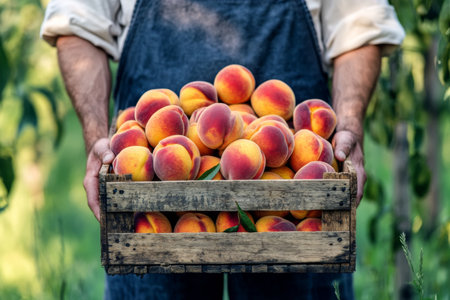 A farmer stands in a lush orchard, holding a wooden crate overflowing with ripe peaches. The warm sunlight highlights the vibrant colors of the fruit, showcasing the bountiful harvest.の素材